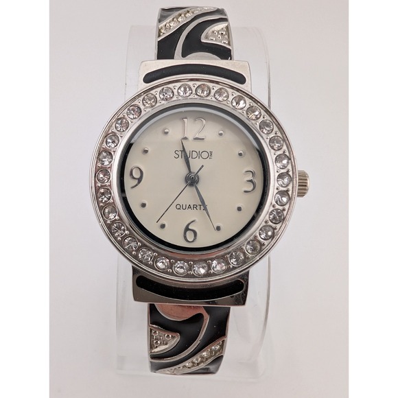 Studio Time Accessories - Studio Time Bangle Watch Women 30mm Case Black Enamel Rhinestones- New Battery